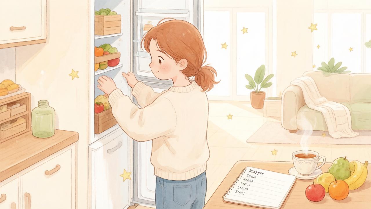 Человек на кухне раскладывает продукты с блокнотом и чаем — иллюстрация к домашним делам в гороскопе